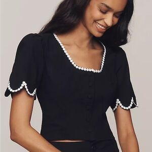 Anthropologie Maeve Scoop-Neck Lace-Trim Blouse | French Girl | Cottagecore | M